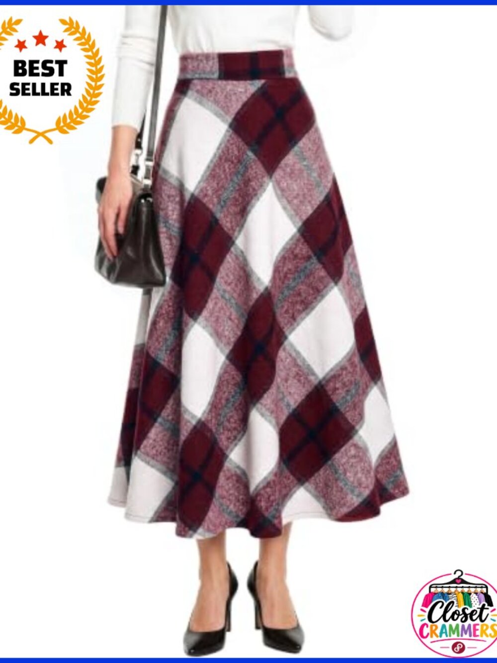 Plaid Wool Blend A-Line Skirt with Pockets Elastic Waist Midi